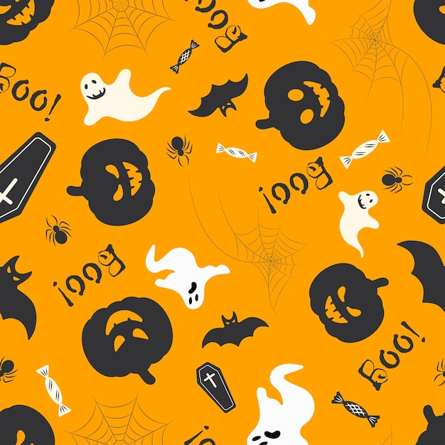 Vector halloween seamless pattern on orange background white ghosts black pumpkins and bats