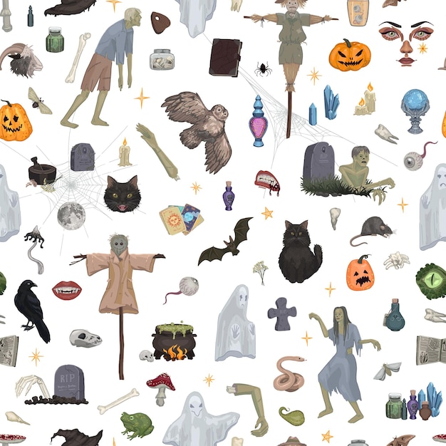 Halloween seamless pattern Ornament of zombies witchcraft animals ghosts occult items Spooky vector illustration in cartoon style