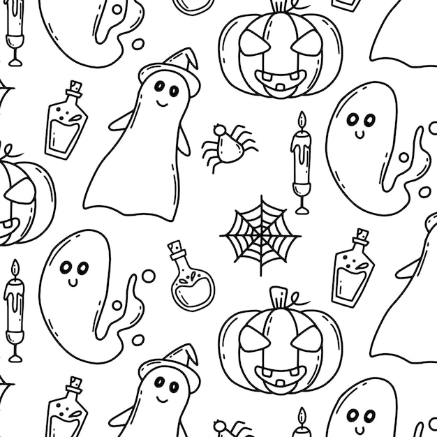 ハロウィーンのシームレスなパターン ゴーストとカボチャのパターン 落書きスタイル ベクトル イラスト