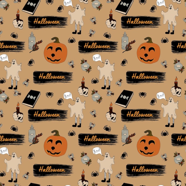 Halloween seamless pattern Potion doodle and wiccan symbols flies spiders and skull ghosts and brush strokes