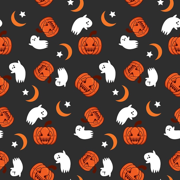 Halloween seamless pattern print with pumpkin and cute ghost doodle spooky character