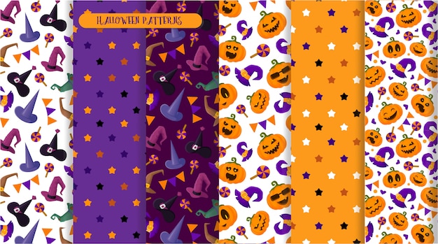 Vector halloween seamless pattern, pumpkins emoji, witches hat, candy, creepy characters