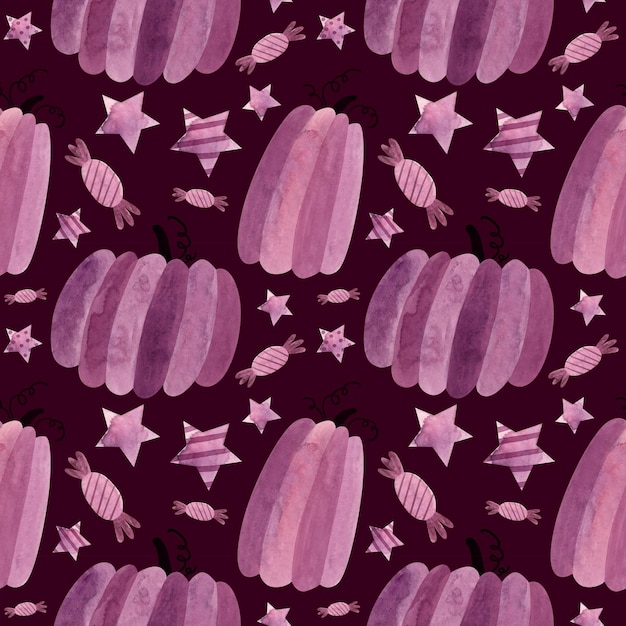 Halloween seamless pattern, purple pumpkins and sweets, spooky digital scrapbooking paper