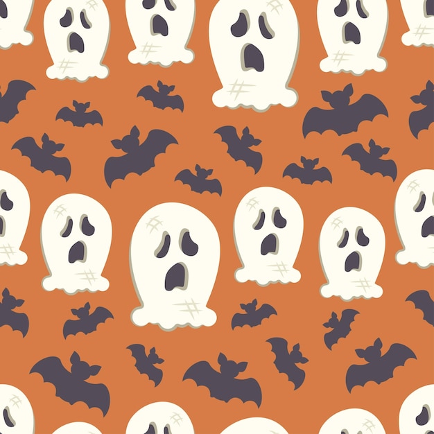 Halloween seamless pattern repeated holiday print hand drawn doodle character cute spooky ghosts and silhouette of bat autumn holiday of dead printable texture background vector illustration