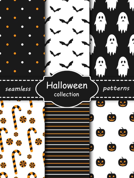 Halloween seamless pattern set Bat ghost sweets pumpkin backgrounds collection