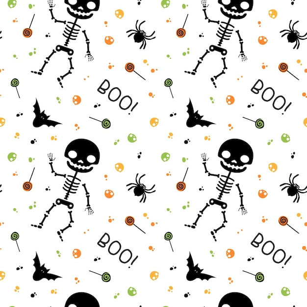 Halloween seamless pattern. Skeleton, sweets, spider, bat