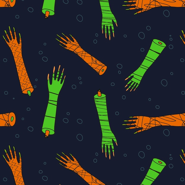 Halloween seamless pattern of textured green and orange zombie arms on dark blue background with bubbles creepy comic surface design of cartoon monster hands with long nails