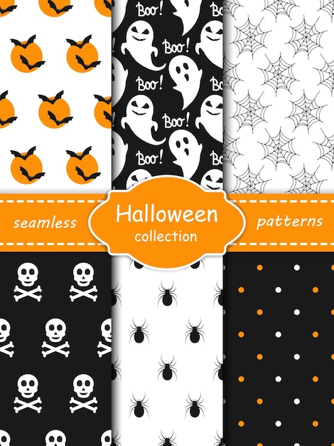 Halloween seamless pattern vector collection Bats ghosts spider web polka dots skull and bones set