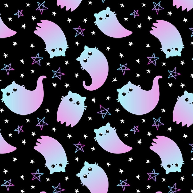 Halloween seamless pattern Vector illustration of cute ghost cats on a black background Vector cartoon seamless pattern