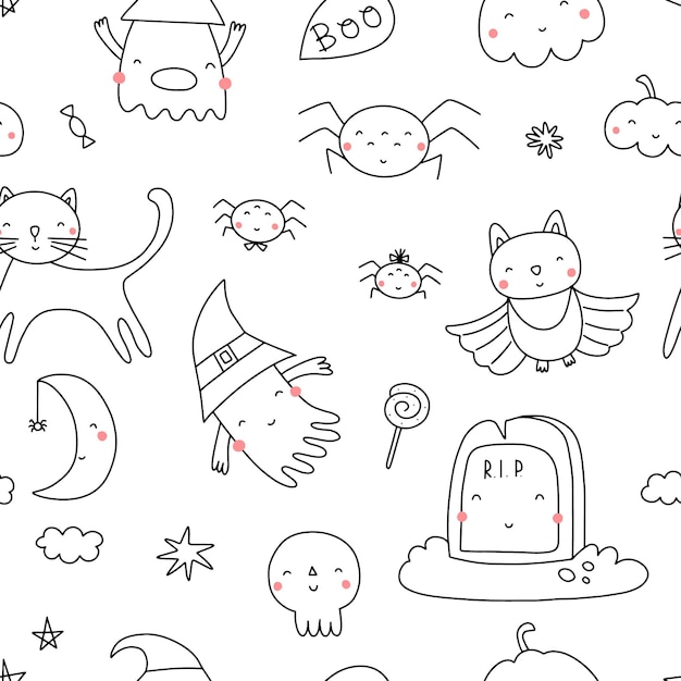 Vector halloween seamless pattern on white background in doodle style vector illustration for your design