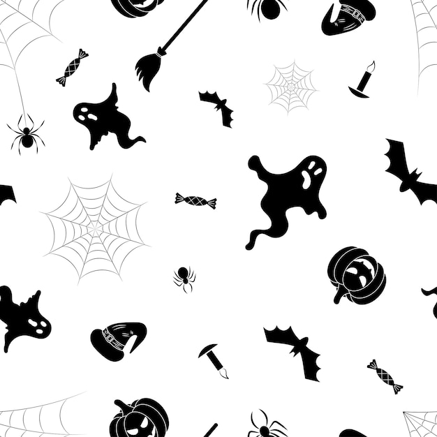 halloween seamless pattern on white background white ghosts, bats, black pumpkins