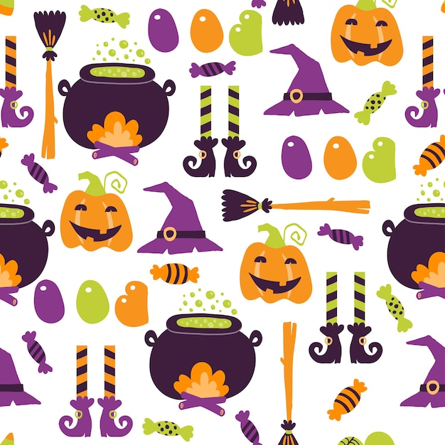 Halloween seamless pattern with cartoon cute pumpkins ghosts witches bats bones stars