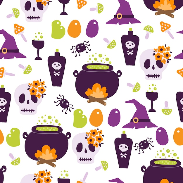 Halloween seamless pattern with cartoon cute pumpkins ghosts witches bats bones stars