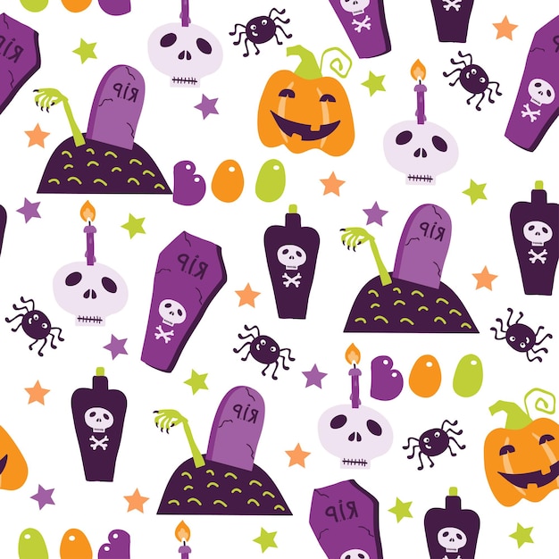 Halloween seamless pattern with cartoon cute pumpkins ghosts witches bats bones stars