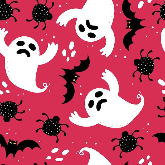 Halloween seamless pattern with cartoon ghost, bat, spider