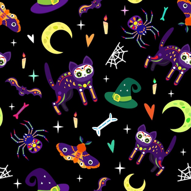 Halloween seamless pattern with cat moon spider and moth