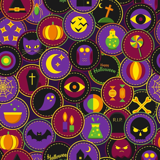 Хэллоуин бесшовный узор с круговыми эмблемами и символами хэллоуина череп летучей мыши, сова, тыква, луна, призрак, кошка, паук, кость, леденец, могильный камень, свеча, колба, яд, глаз, шляпа, гроб, вектор