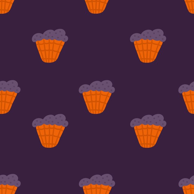 Halloween seamless pattern with cupcakes. Halloween sweets pattern. Orange cupcakes