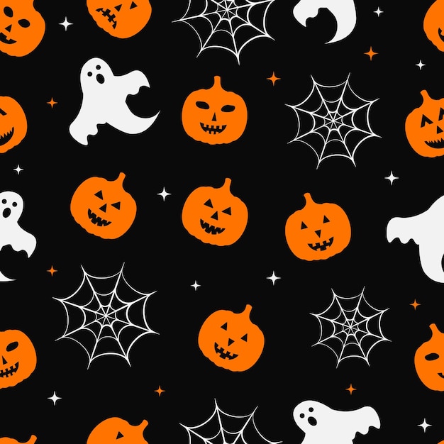 Хэллоуин бесшовный узор с милыми мультяшными тыквами призраками и паутиной на черном фоне векторный шаблон для поздравительной открытки баннер плакат вечеринка приглашение ткань текстильная оберточная бумага