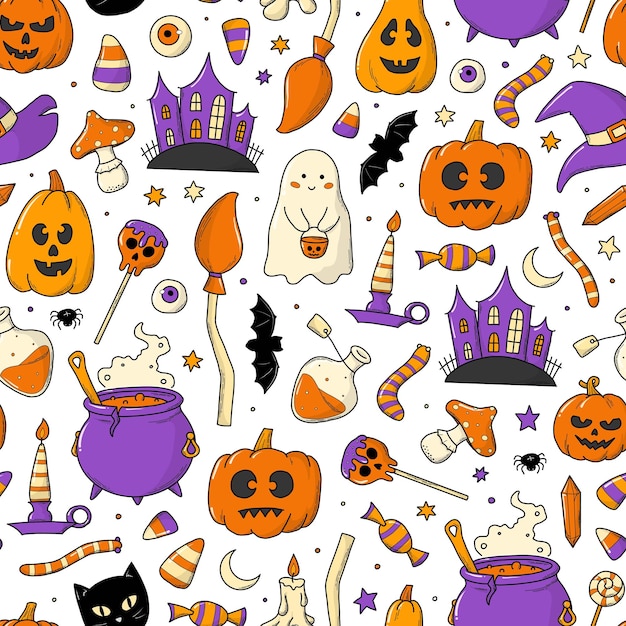 Halloween seamless pattern with cute doodles cartoon elements for nursery textile prints wallpaper