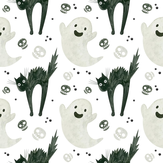 Halloween seamless pattern with a cute ghost skulls of a frightened black cat  Spooky digital  pap