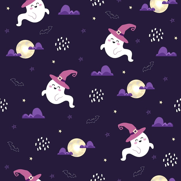 Halloween Seamless Pattern with Cute Ghost style for Halloween. Cartoon Animals Background, Vector I