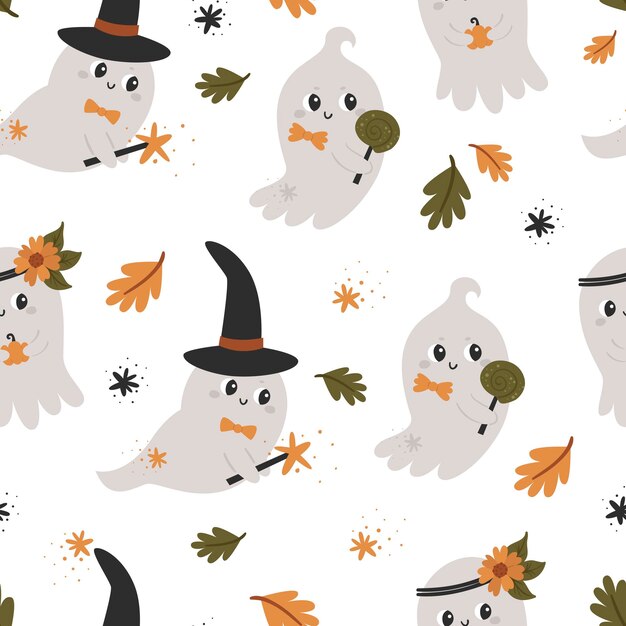 Vector halloween seamless pattern with cute ghosts.