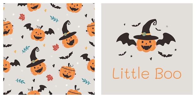 Halloween seamless pattern with cute pumpkin and bat Text Little Boo Vector illustration