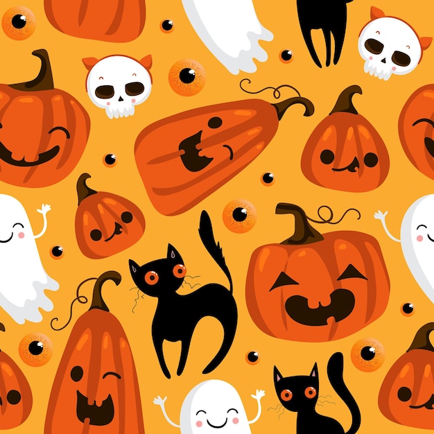 Halloween seamless pattern with cute pumpkins, black cat and other halloween elements. Halloween vector background. EPS 10