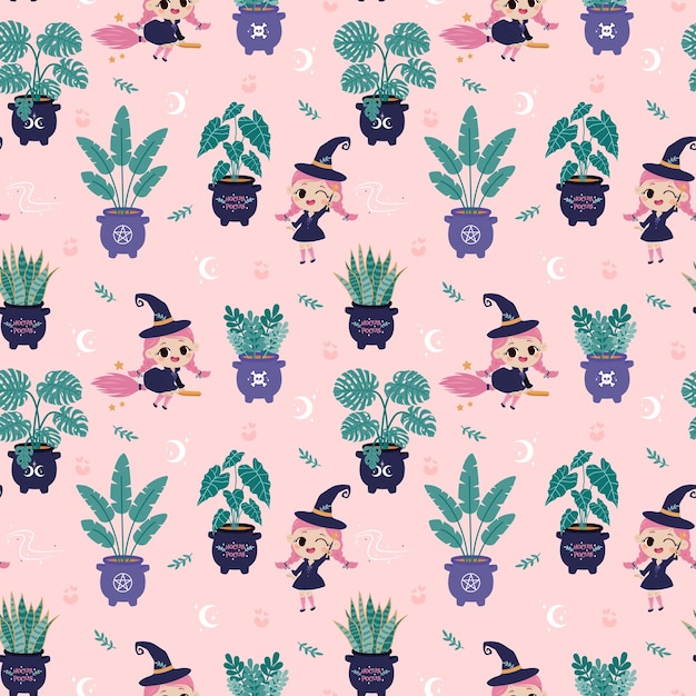 Halloween seamless pattern with Cute witch and indoor plants on pink background Vector illustration