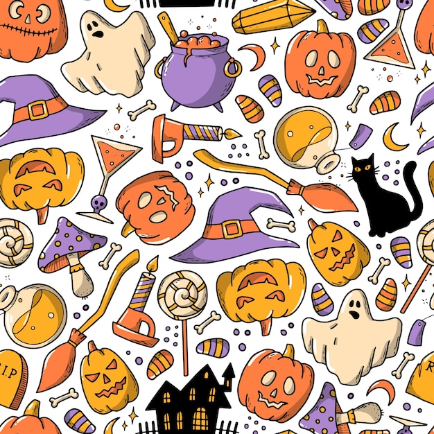 Vector halloween seamless pattern with doodles