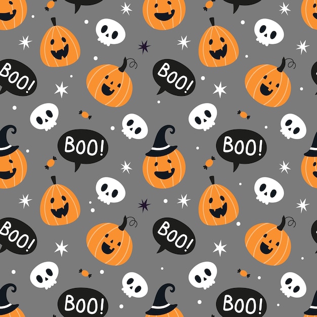 Хэллоуин бесшовный узор с забавными тыквами и черепами отлично подходит для оберточной бумаги для детского текстиля