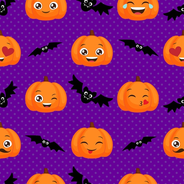 Halloween seamless pattern with funny pumpkins and bats