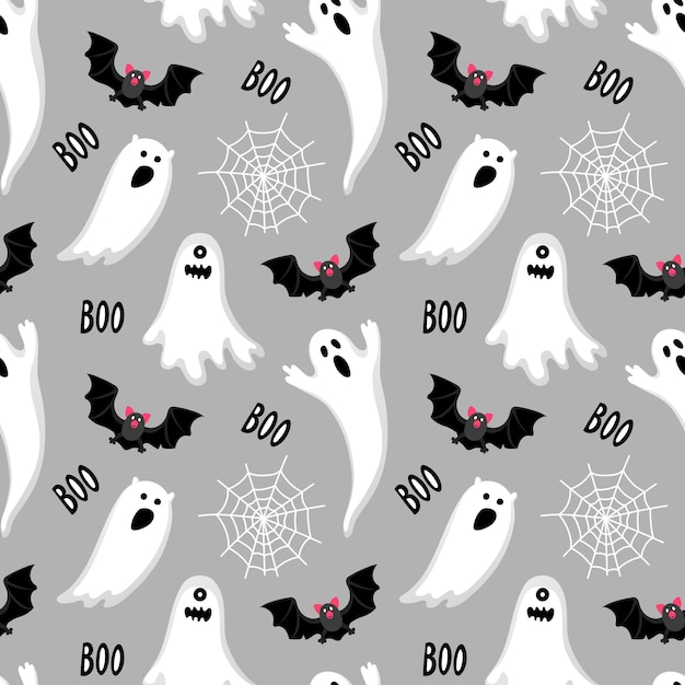 Halloween seamless pattern with ghosts bat and spider web.