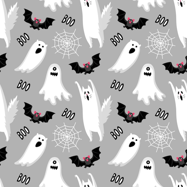 Halloween seamless pattern with ghosts, bat and spider web.