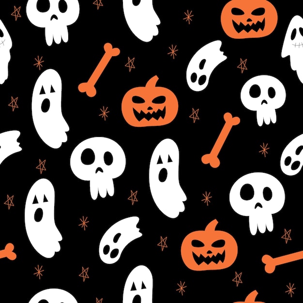 Хэллоуин бесшовный узор с тыквенной костью черепа и призраком