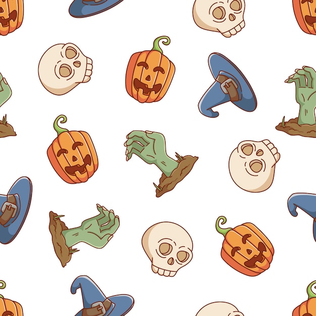 Halloween seamless pattern with pumpkin with hat zombie hand and skull on white background