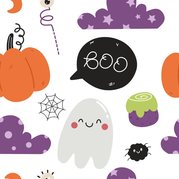 Halloween seamless pattern with pumpkins, ghost and speech bubbles. Vector pattern