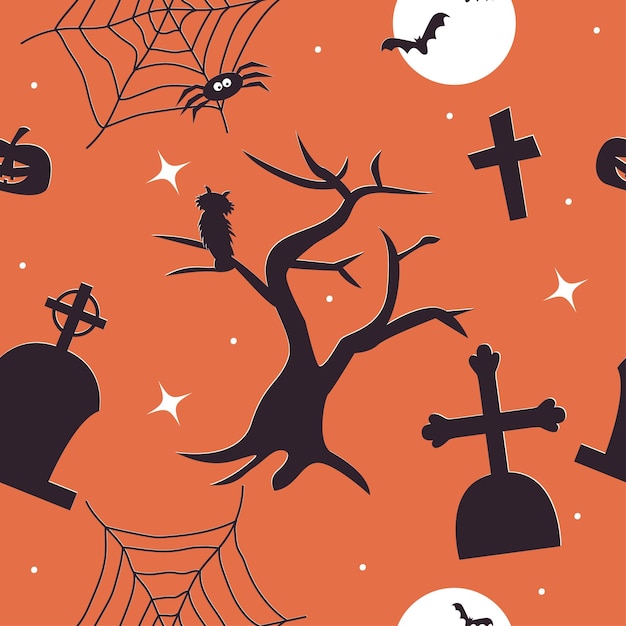Хэллоуин бесшовный узор с силуэтами кладбища, летучих мышей, совы, дерева, паутины, могил
