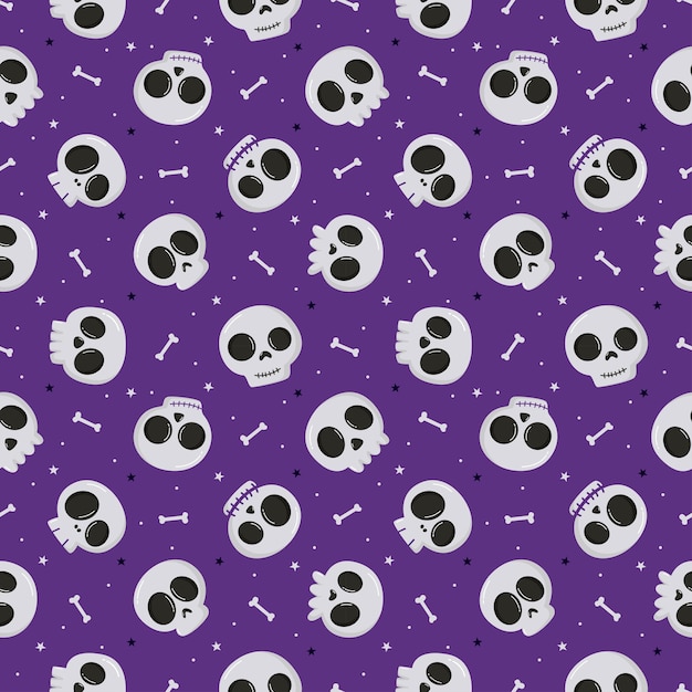 Halloween seamless pattern with skull and bone isolated on purple background