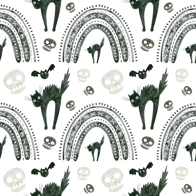 halloween seamless pattern with skulls frightened black cat and rainbows spooky digital scrapbooki