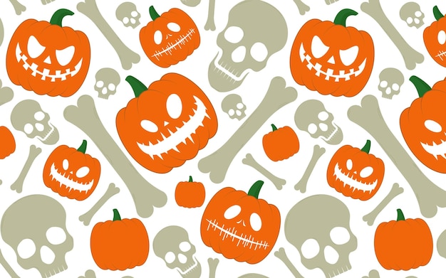 Halloween Seamless Pattern with Skulls, Pumpkins and Bones