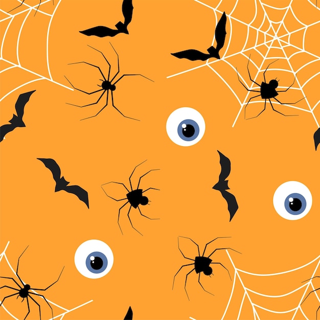 Halloween seamless pattern for wrapped paper with net, spider, bat, eyes. Vector illustration