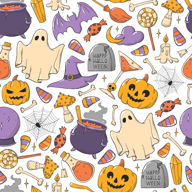 Vector halloween seamless pattern, wrapping paper with hand drawn doodles