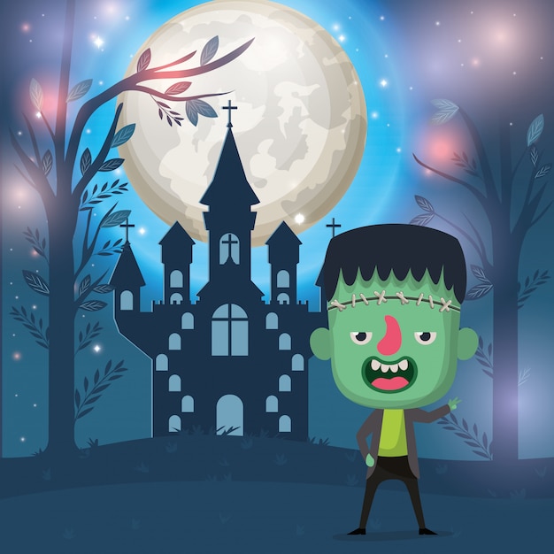 Halloween season scene with boy costume frankenstein