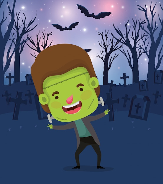 Halloween season scene with boy costume frankenstein