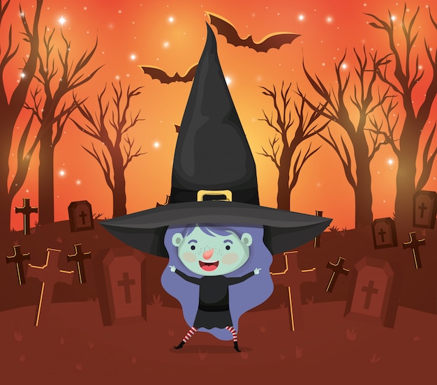 Halloween season scene with girl costume witch