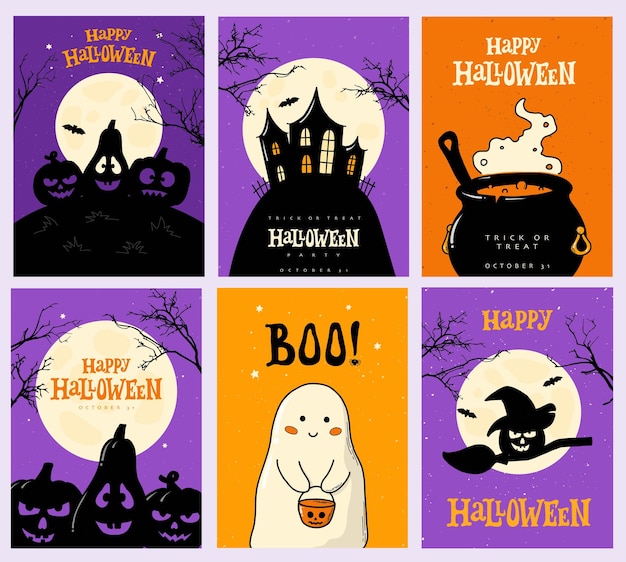 Halloween set of 6 cards posters banners nursery prints wallpapers