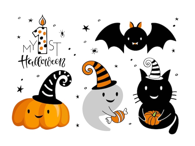 Vector halloween set. baby characters collection. nice good-natured ghost, black cat, pumpkin, bat