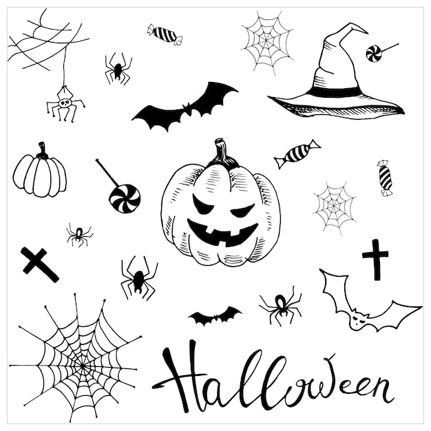 Vettore insieme di halloween. collezione os semplici elementi di doodle per il design delle vacanze di halloween. illustrazioni disegnate a mano. vettore, isolato su bianco.